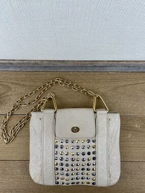 Ivory Leather Gold and Silver Studded Shoulder Bag